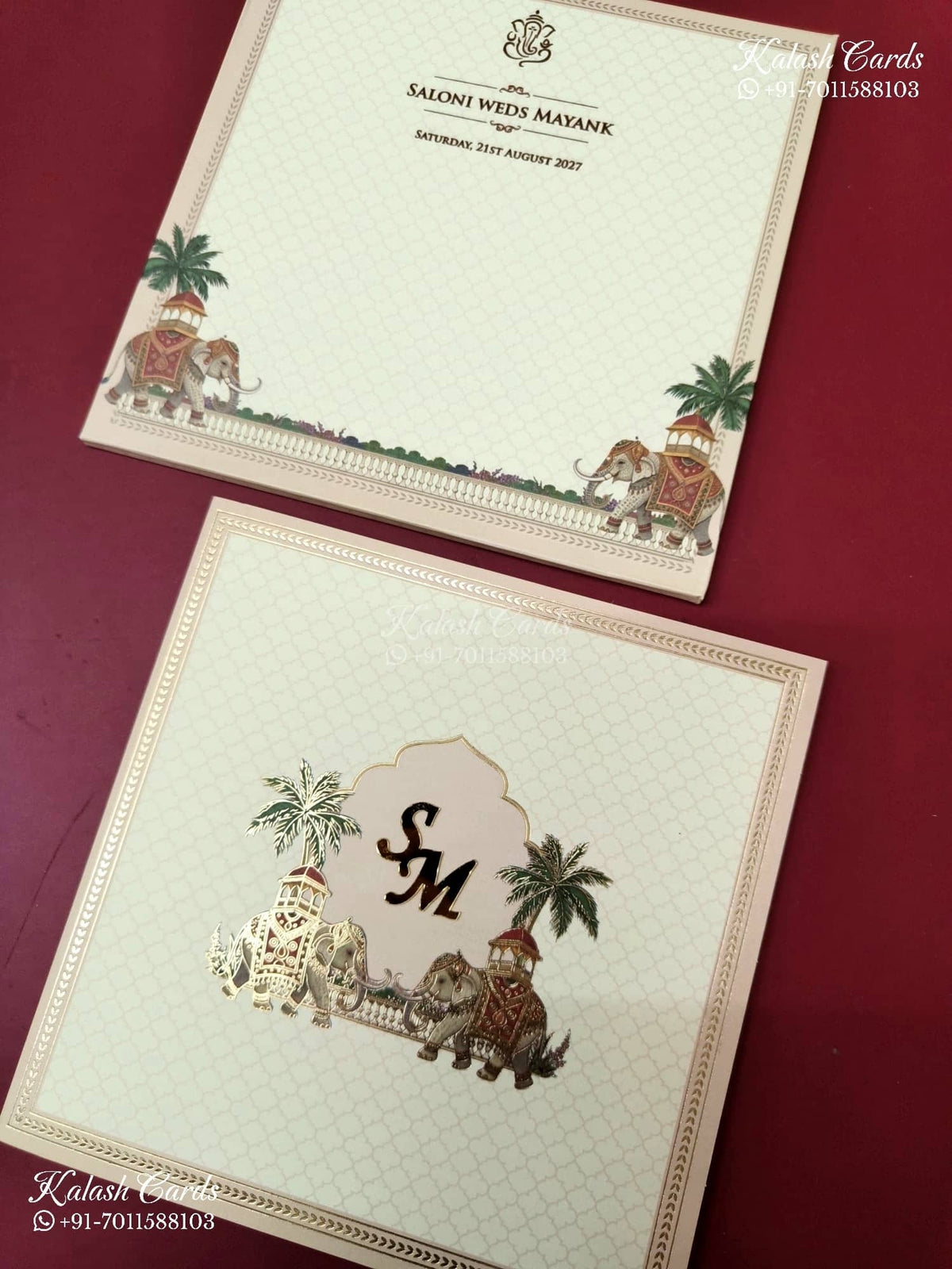 KLB-1156 Creme Elephant Semi Box Wedding Card (2 Page & Couple Initial Acrylic)