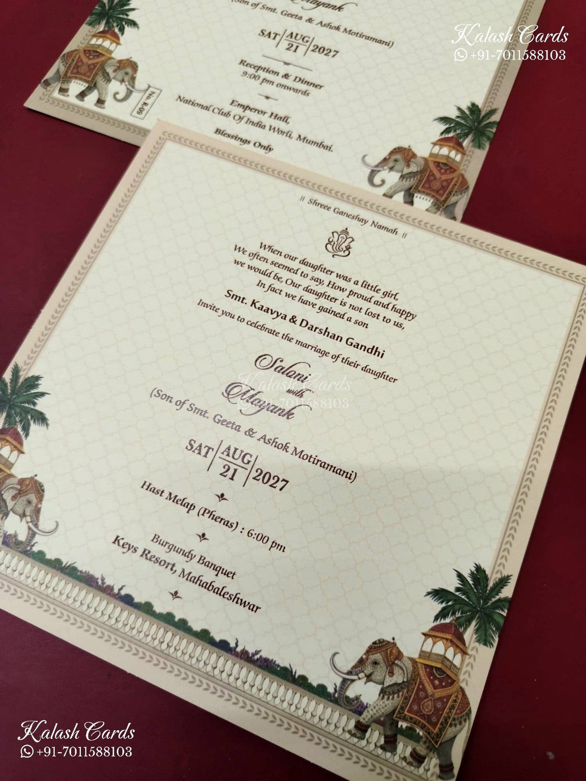 KLB-1156 Creme Elephant Semi Box Wedding Card (2 Page & Couple Initial Acrylic)