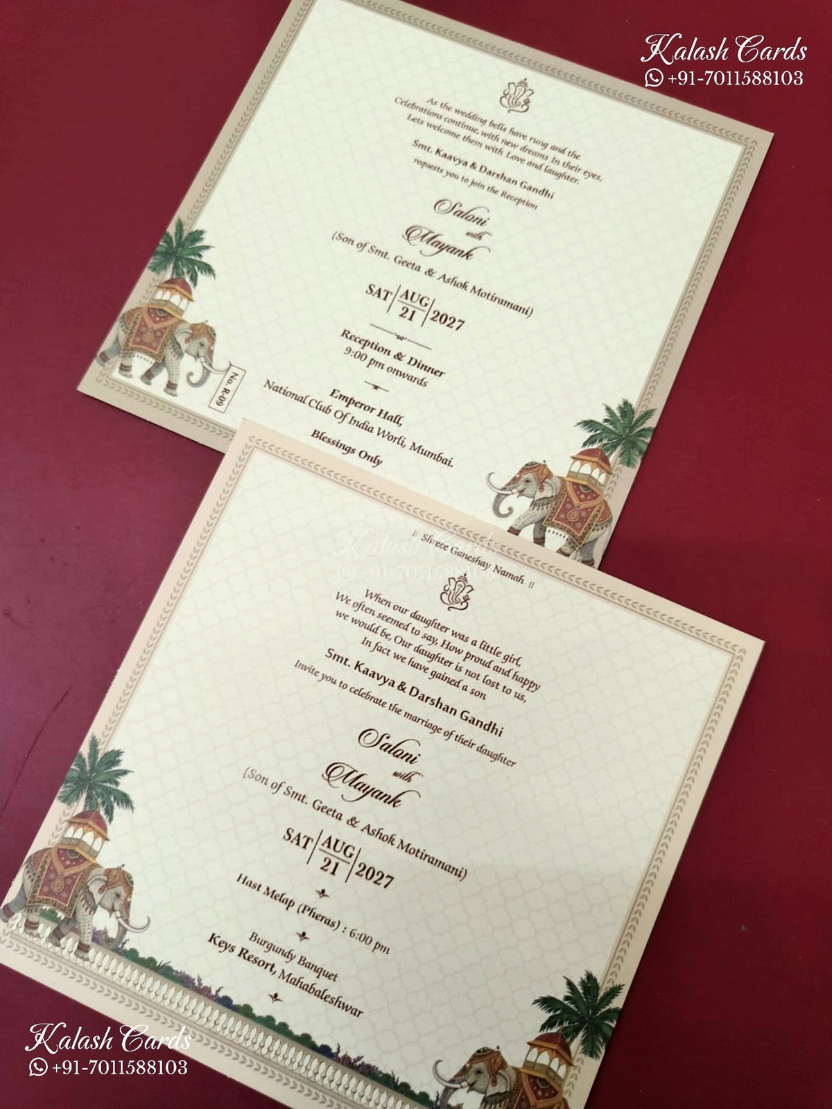 KLB-1156 Creme Elephant Semi Box Wedding Card (2 Page & Couple Initial Acrylic)
