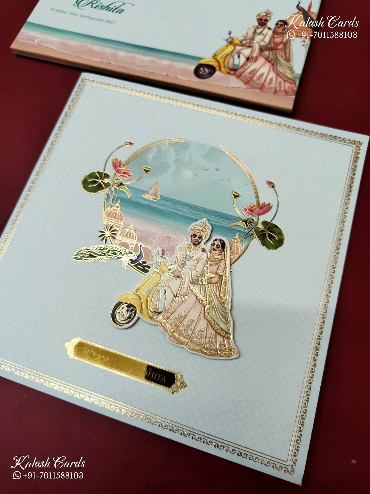 KLB-1157 Blue Bride Groom Semi Box Wedding Card (2 Page & Couple Name Acrylic)