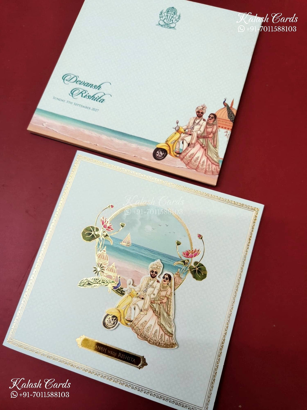 KLB-1157 Blue Bride Groom Semi Box Wedding Card (2 Page & Couple Name Acrylic)