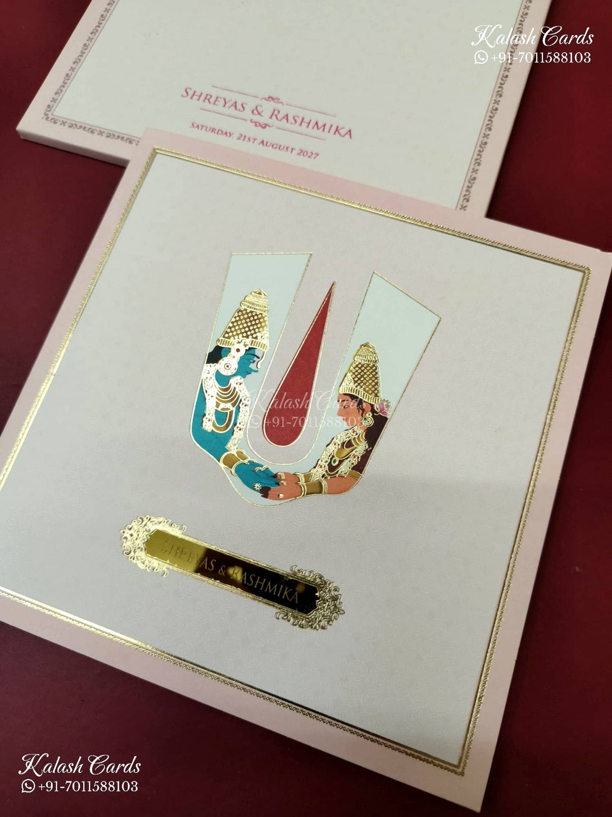 KLB-1158 Creme Tirupati Balaji & Padmavathi Semi Box Wedding Card (2 Page & Couple Name Acrylic)