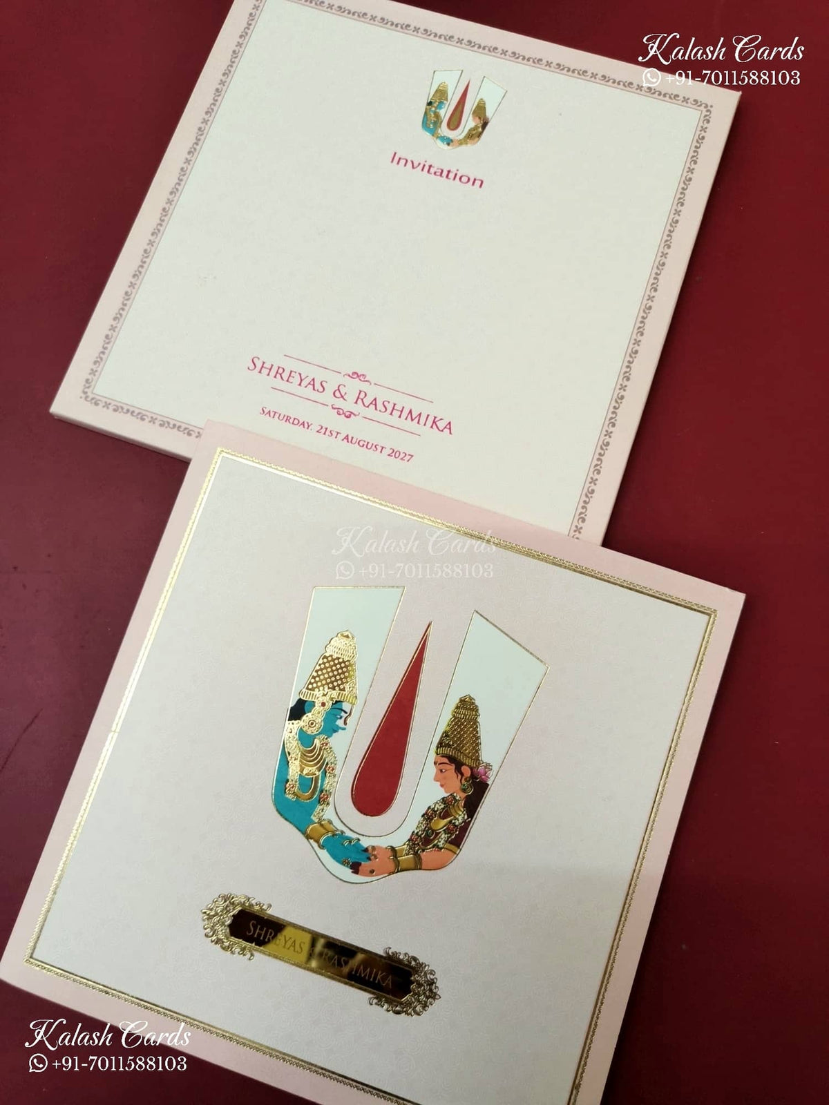 KLB-1158 Creme Tirupati Balaji & Padmavathi Semi Box Wedding Card (2 Page & Couple Name Acrylic)
