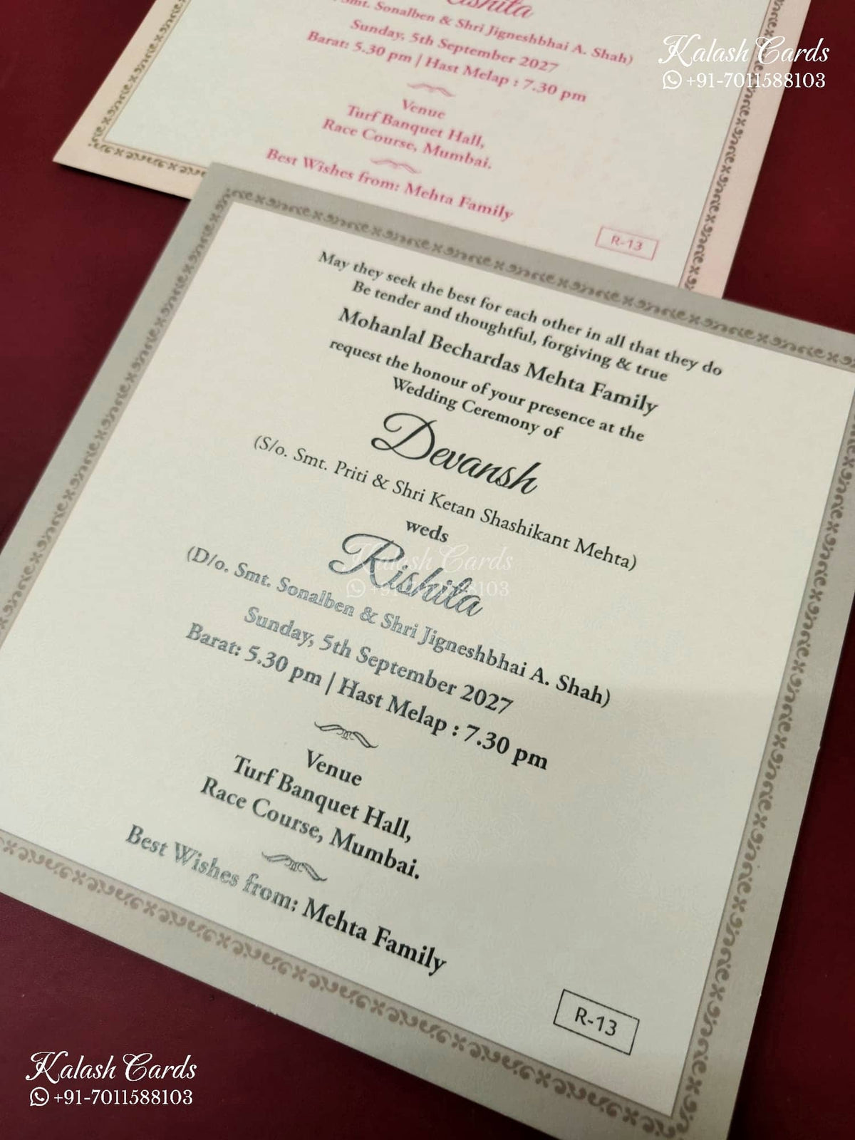 KLB-1158 Creme Tirupati Balaji & Padmavathi Semi Box Wedding Card (2 Page & Couple Name Acrylic)
