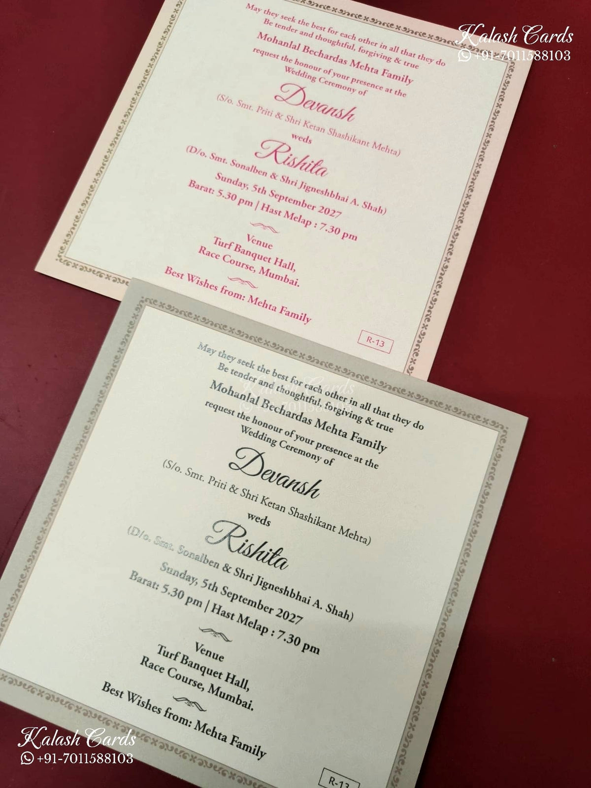KLB-1158 Creme Tirupati Balaji & Padmavathi Semi Box Wedding Card (2 Page & Couple Name Acrylic)