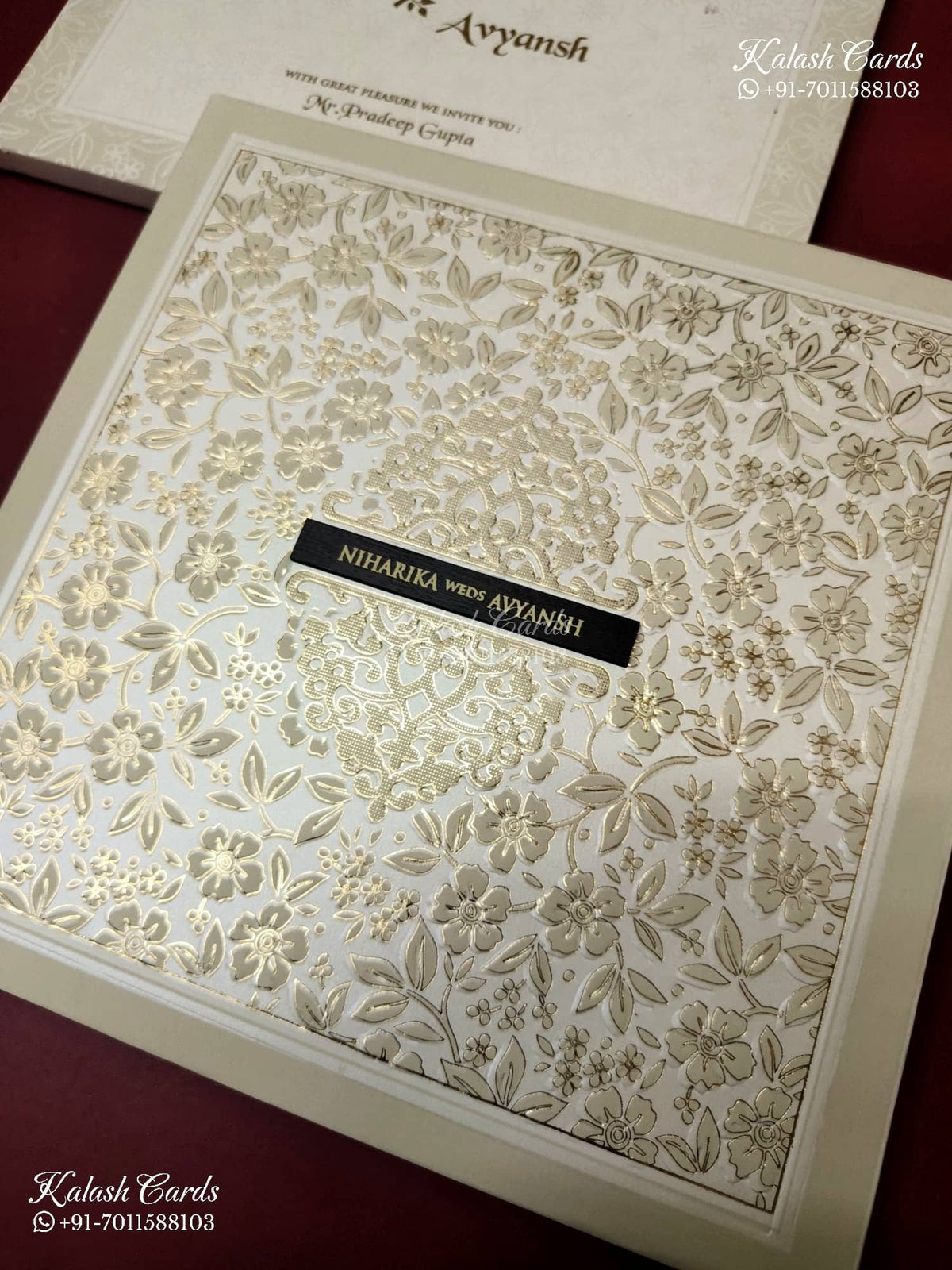 KLB-1159 White Creme Floral Embossed Padded Thick Wedding Card (2 Page & Couple Name Wooden Plate)