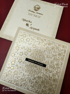 KLB-1159 White Creme Floral Embossed Padded Thick Wedding Card (2 Page & Couple Name Wooden Plate)