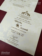 KLB-1159 White Creme Floral Embossed Padded Thick Wedding Card (2 Page & Couple Name Wooden Plate)
