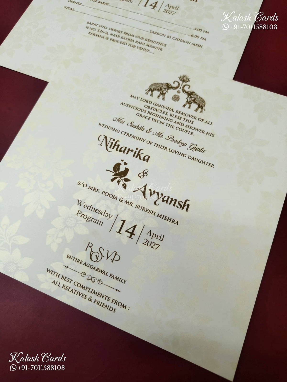 KLB-1159 White Creme Floral Embossed Padded Thick Wedding Card (2 Page & Couple Name Wooden Plate)