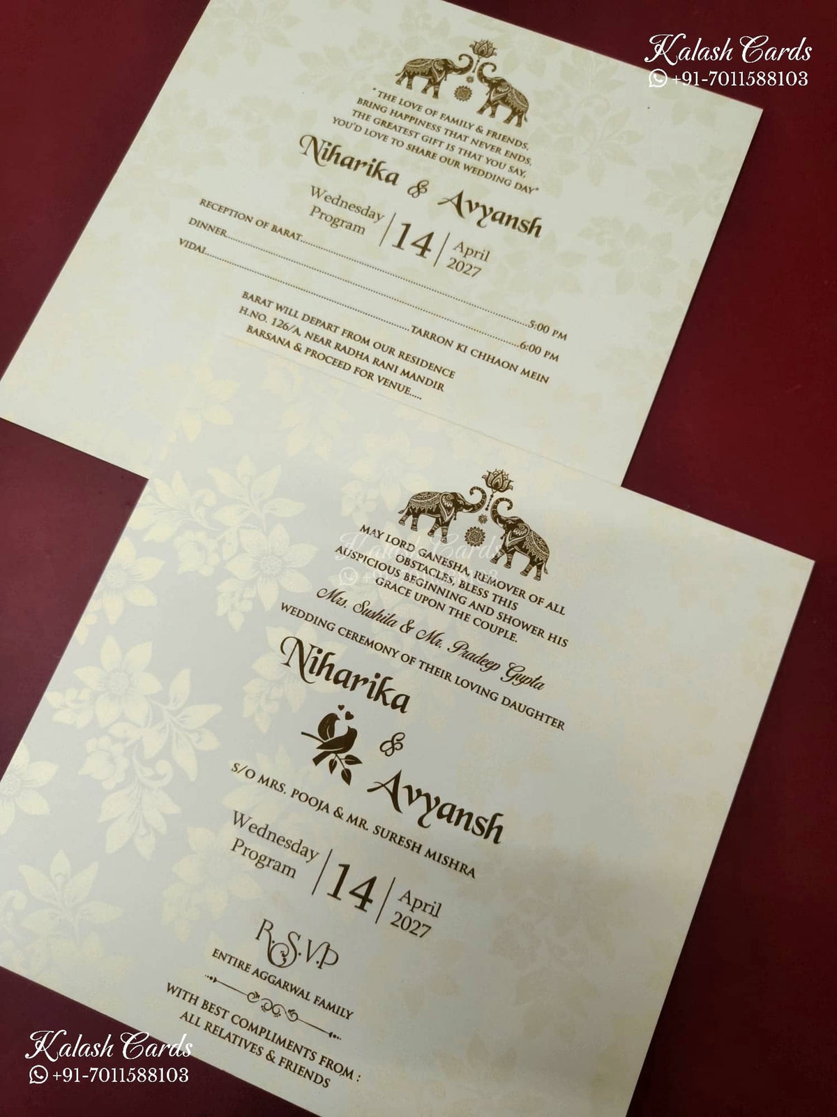 KLB-1159 White Creme Floral Embossed Padded Thick Wedding Card (2 Page & Couple Name Wooden Plate)