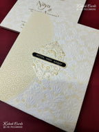 KLB-1163 White Creme Floral Embossed Padded Thick Wedding Card (2 Page & Couple Name Wooden Plate)
