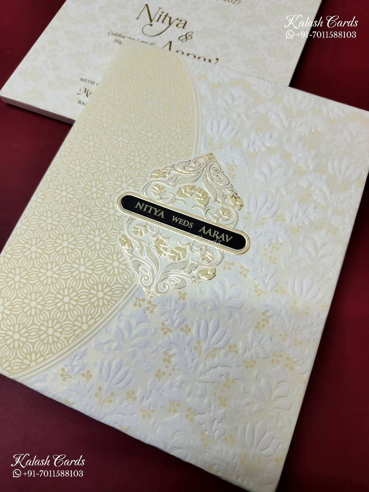 KLB-1163 White Creme Floral Embossed Padded Thick Wedding Card (2 Page & Couple Name Wooden Plate)