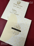 KLB-1163 White Creme Floral Embossed Padded Thick Wedding Card (2 Page & Couple Name Wooden Plate)