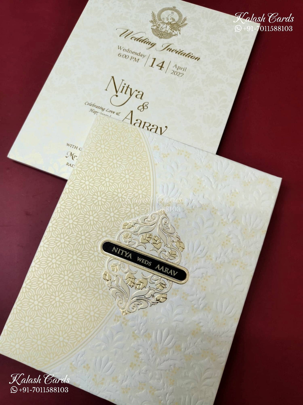 KLB-1163 White Creme Floral Embossed Padded Thick Wedding Card (2 Page & Couple Name Wooden Plate)