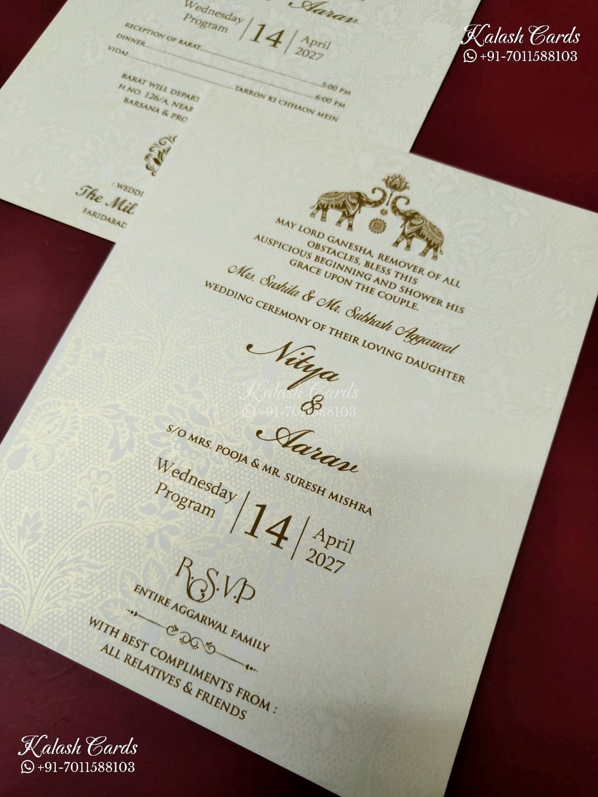 KLB-1163 White Creme Floral Embossed Padded Thick Wedding Card (2 Page & Couple Name Wooden Plate)