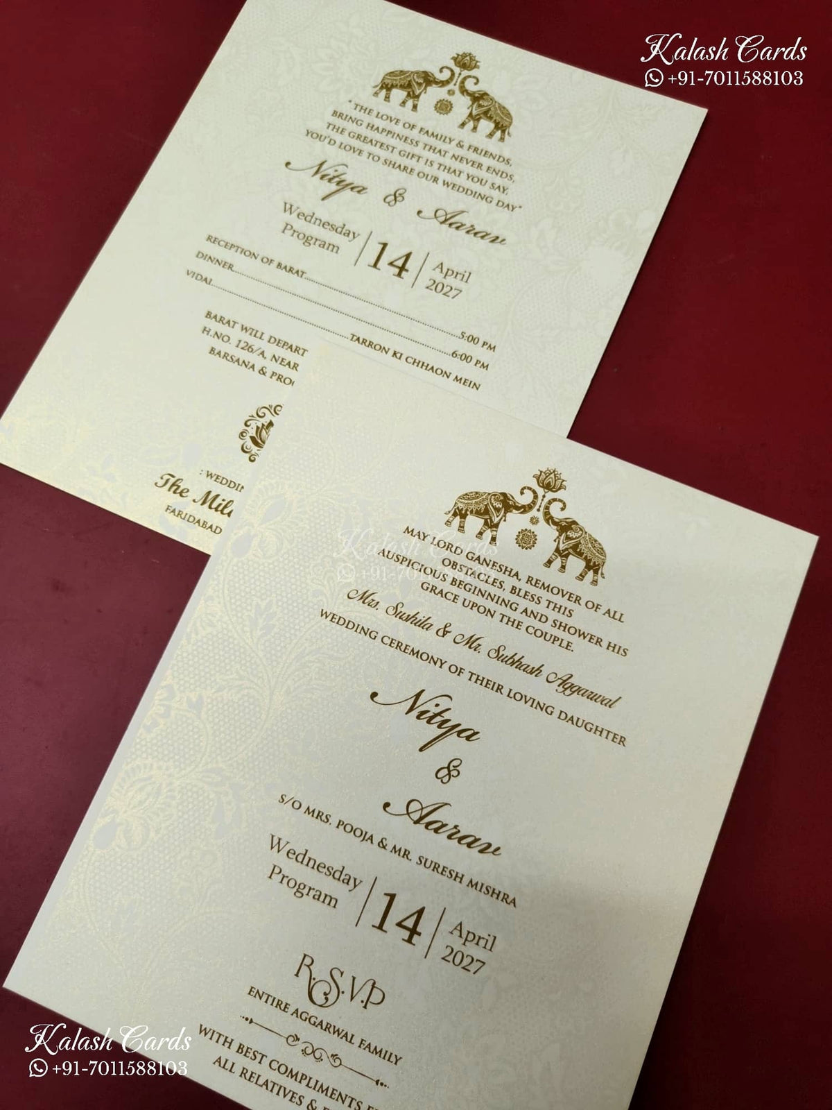 KLB-1163 White Creme Floral Embossed Padded Thick Wedding Card (2 Page & Couple Name Wooden Plate)