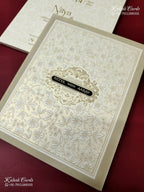 KLB-1164 White Creme Floral Padded Thick Wedding Card (2 Page & Couple Name Wooden Plate)