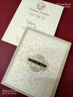 KLB-1164 White Creme Floral Padded Thick Wedding Card (2 Page & Couple Name Wooden Plate)