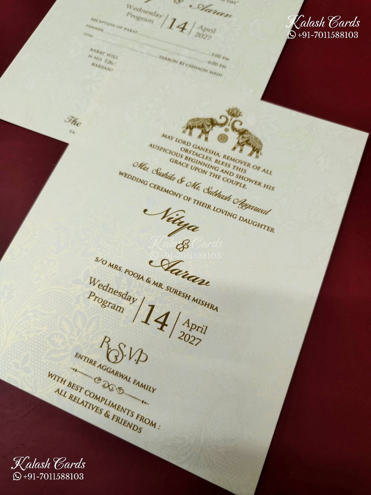 KLB-1164 White Creme Floral Padded Thick Wedding Card (2 Page & Couple Name Wooden Plate)