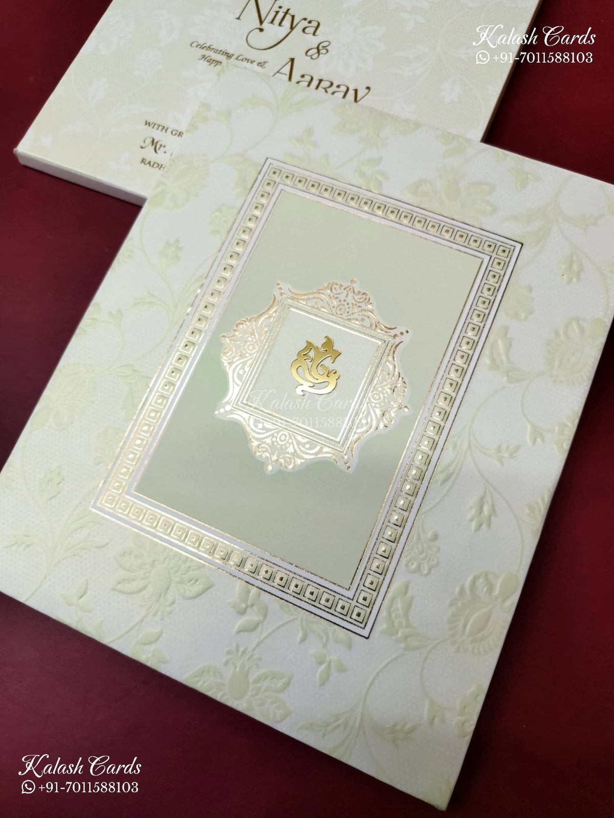 KLB-1165 White Green Floral Embossed Padded Thick Wedding Card (2 Page)