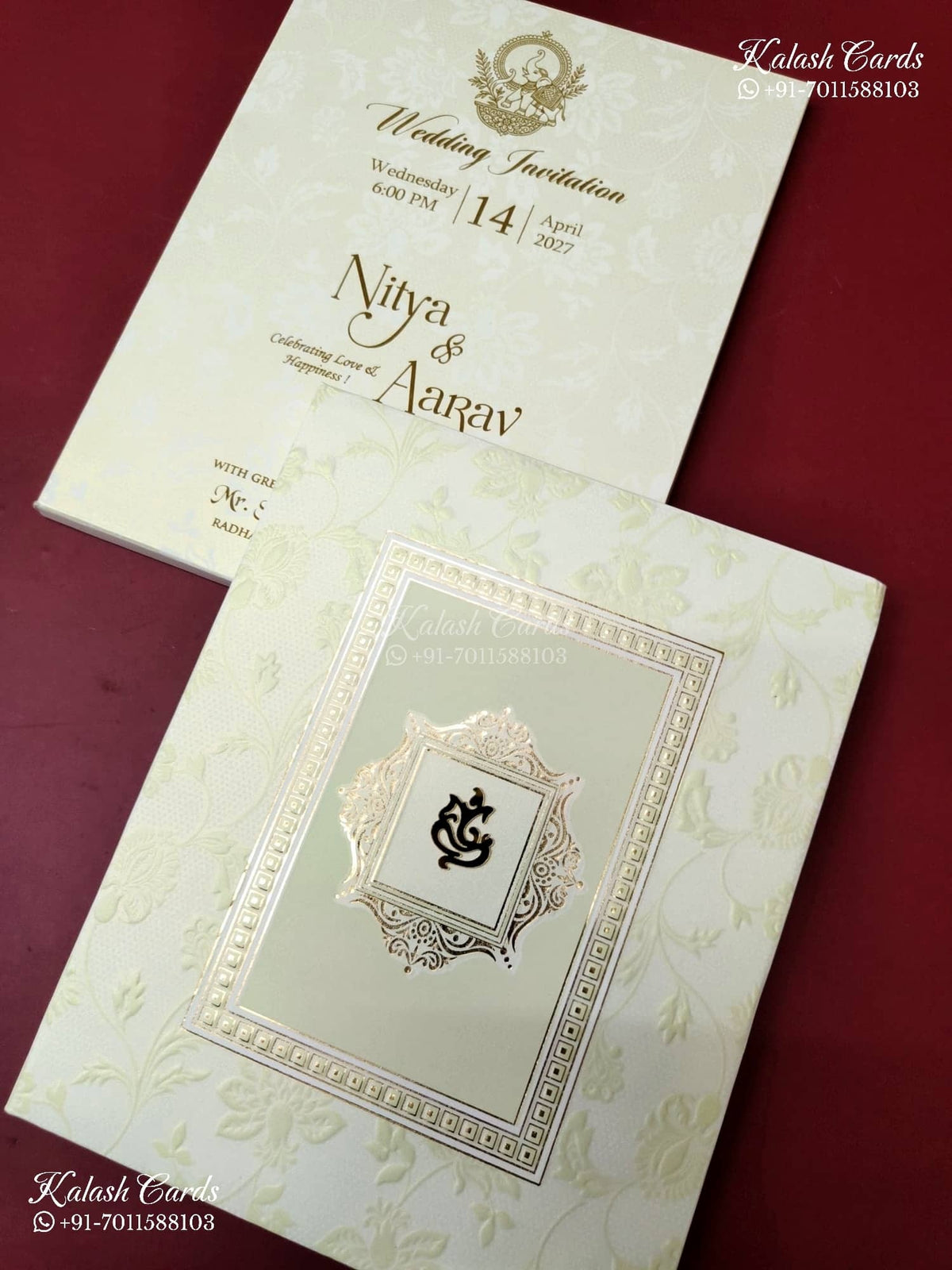 KLB-1165 White Green Floral Embossed Padded Thick Wedding Card (2 Page)