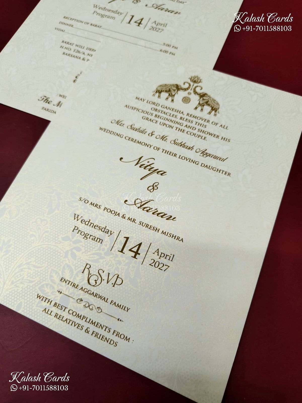 KLB-1165 White Green Floral Embossed Padded Thick Wedding Card (2 Page)