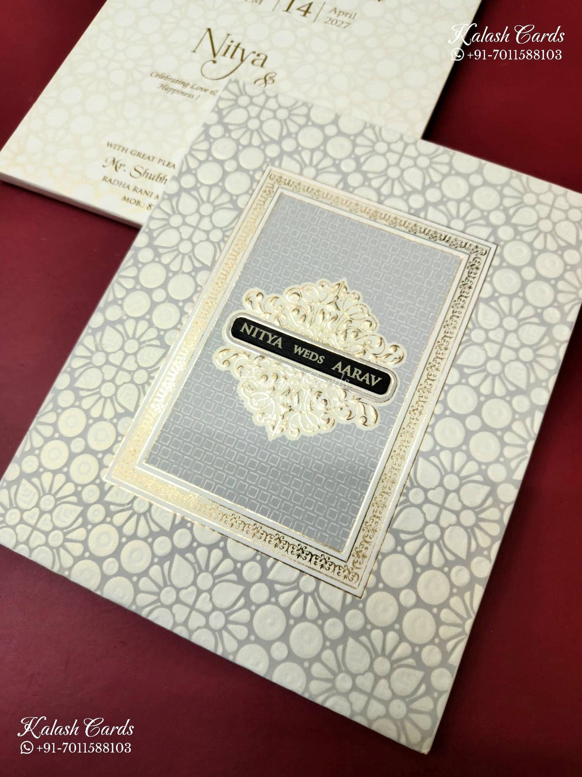 KLB-1166 White Grey Floral Padded Thick Wedding Card (2 Page & Couple Name Wooden Plate)