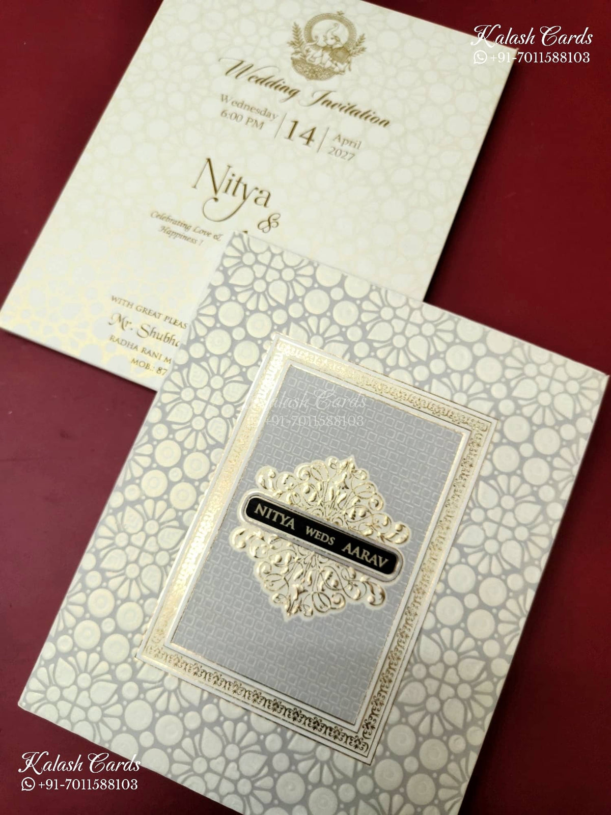 KLB-1166 White Grey Floral Padded Thick Wedding Card (2 Page & Couple Name Wooden Plate)
