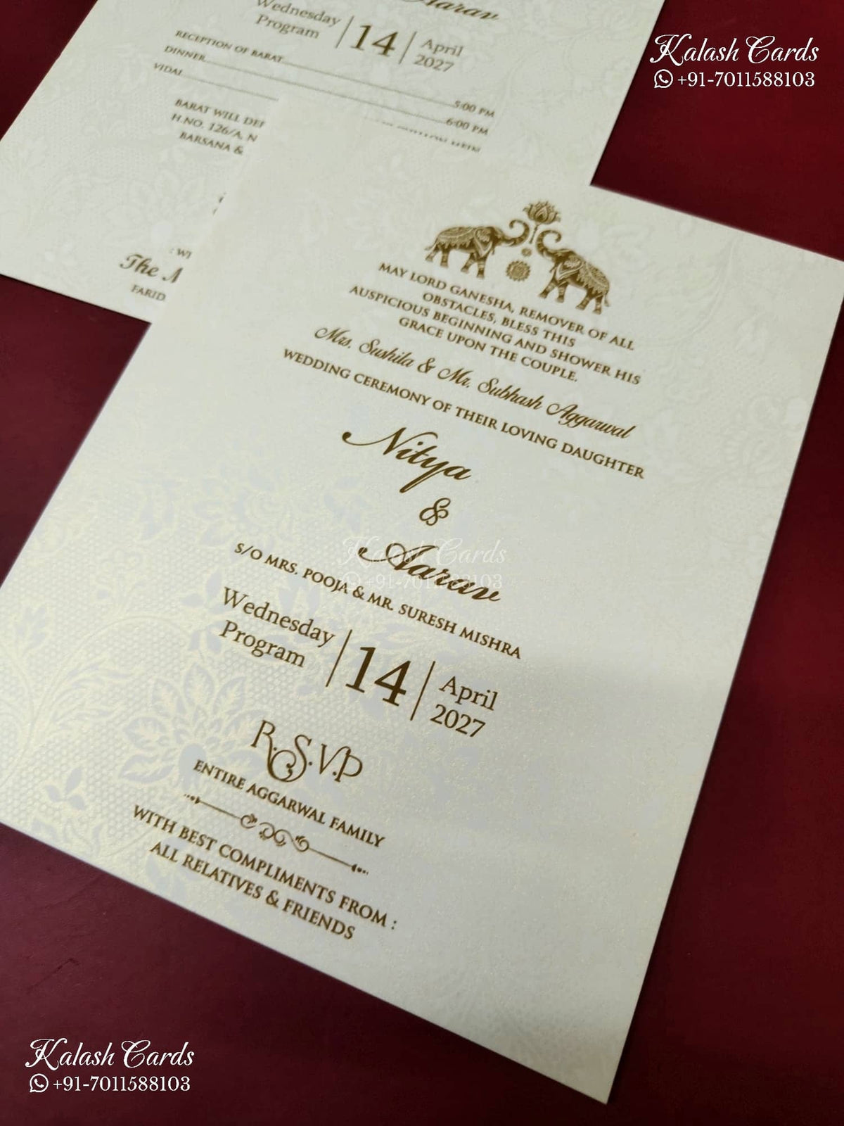 KLB-1166 White Grey Floral Padded Thick Wedding Card (2 Page & Couple Name Wooden Plate)