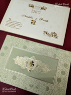 KLB-1167 White Green Traditional Padded Thick Wedding Card (2 Page)
