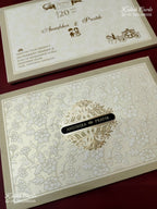 KLB-1169 White Creme Floral Padded Thick Wedding Card (2 Page & Couple Name Wooden Plate)