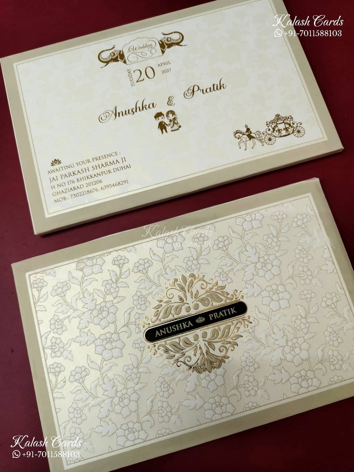 KLB-1169 White Creme Floral Padded Thick Wedding Card (2 Page & Couple Name Wooden Plate)