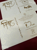 KLB-1169 White Creme Floral Padded Thick Wedding Card (2 Page & Couple Name Wooden Plate)