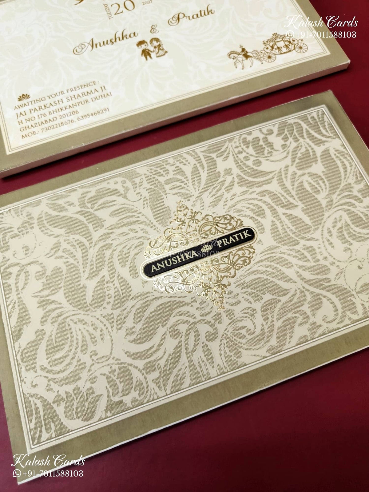 KLB-1170 White Creme Floral Padded Thick Wedding Card (2 Page & Couple Name Wooden Plate)
