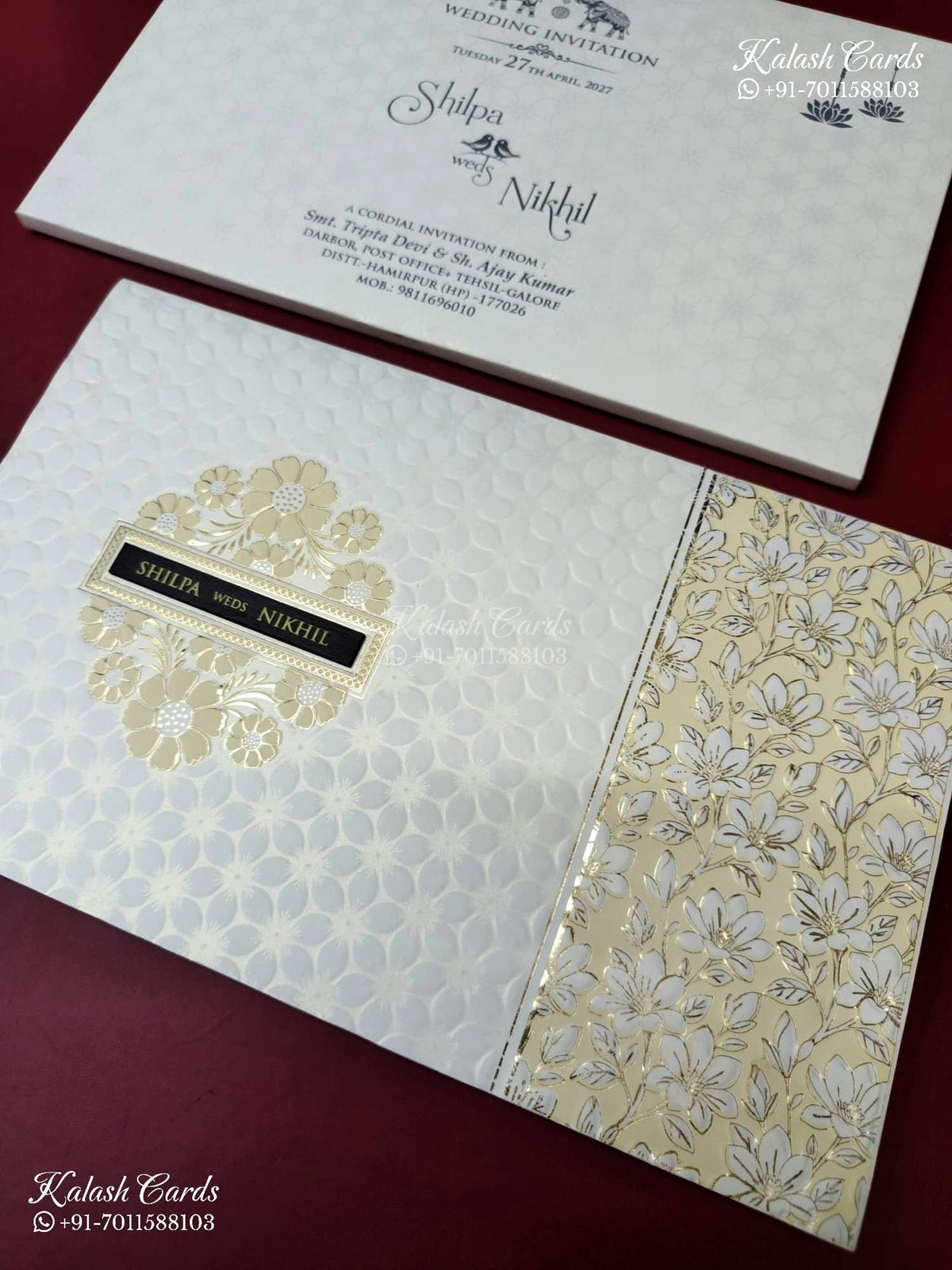 KLB-1171 White Creme Floral Embossed Semi Box Wedding Card (2 Page & Couple Name Wooden Plate)