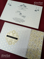 KLB-1171 White Creme Floral Embossed Semi Box Wedding Card (2 Page & Couple Name Wooden Plate)