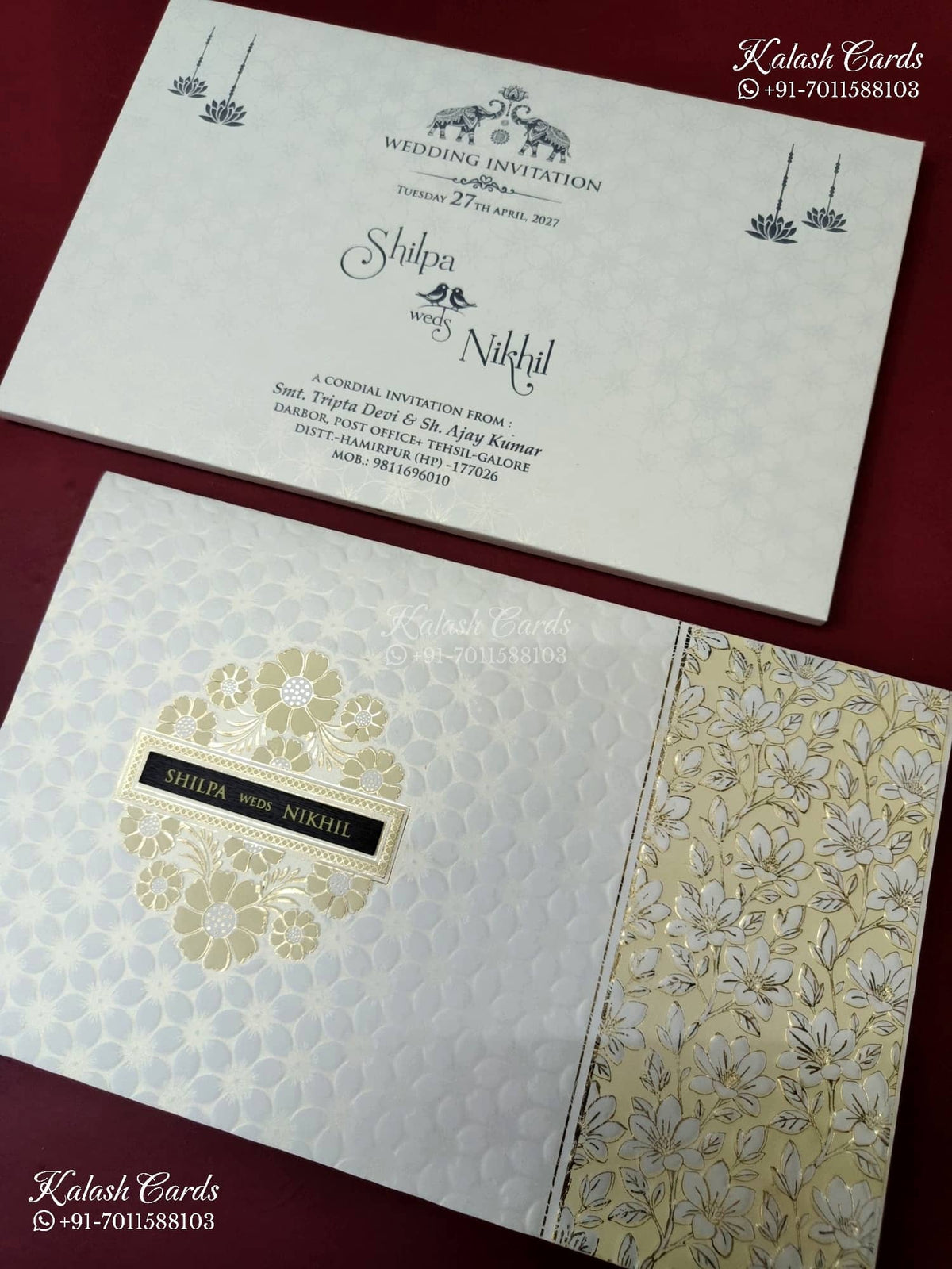 KLB-1171 White Creme Floral Embossed Semi Box Wedding Card (2 Page & Couple Name Wooden Plate)