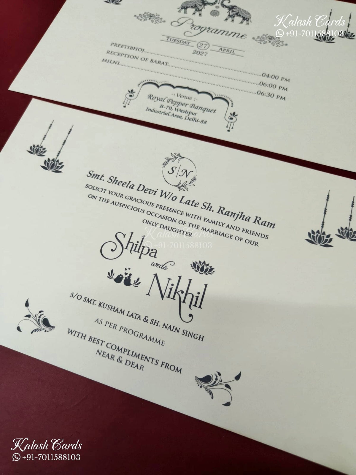 KLB-1171 White Creme Floral Embossed Semi Box Wedding Card (2 Page & Couple Name Wooden Plate)