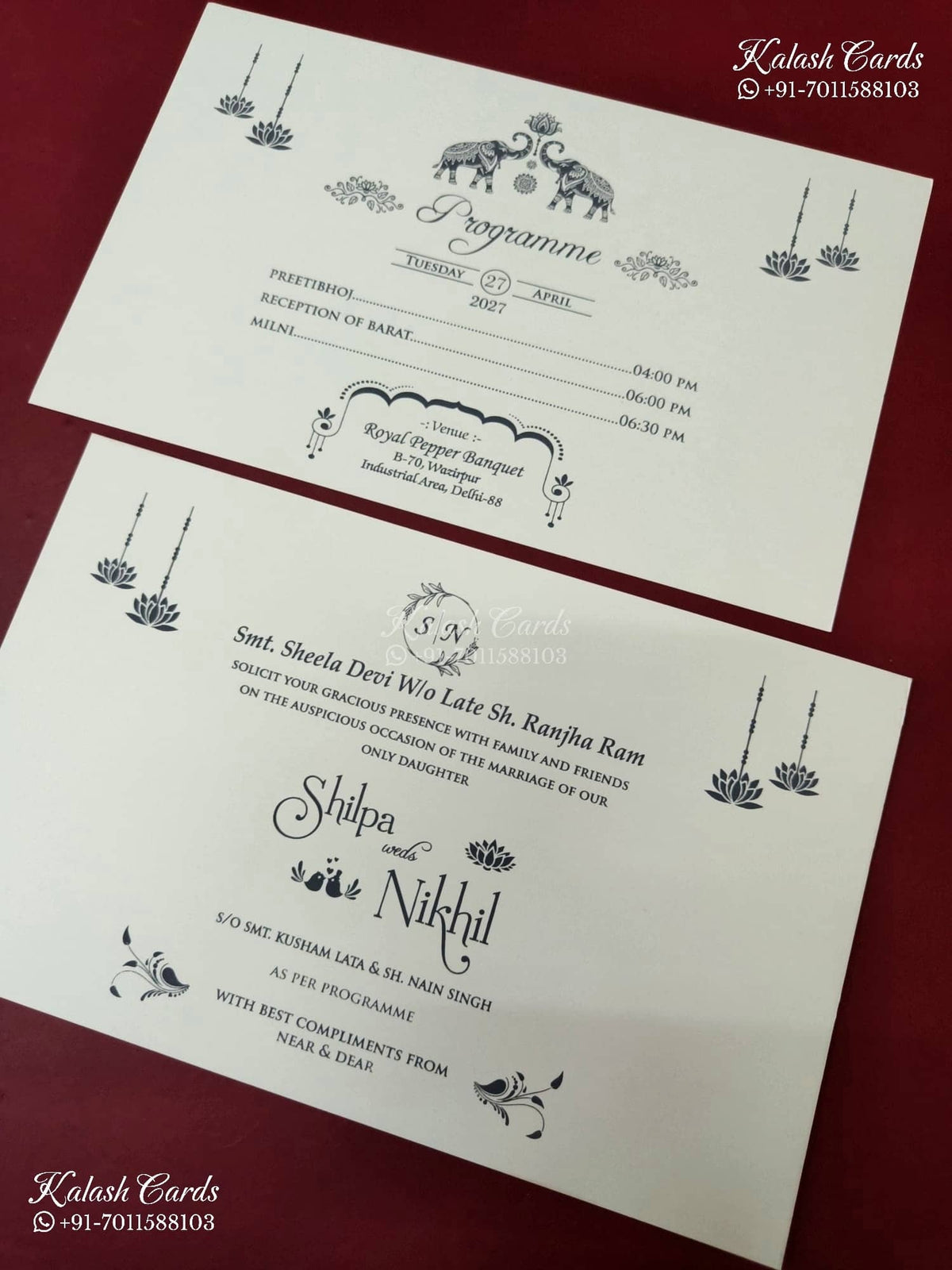 KLB-1171 White Creme Floral Embossed Semi Box Wedding Card (2 Page & Couple Name Wooden Plate)