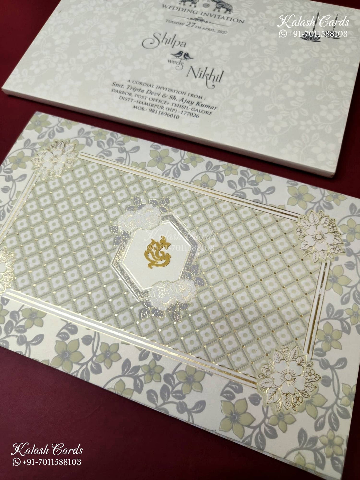 KLB-1172 White Grey Traditional Embossed Semi Box Wedding Card (2 Page)