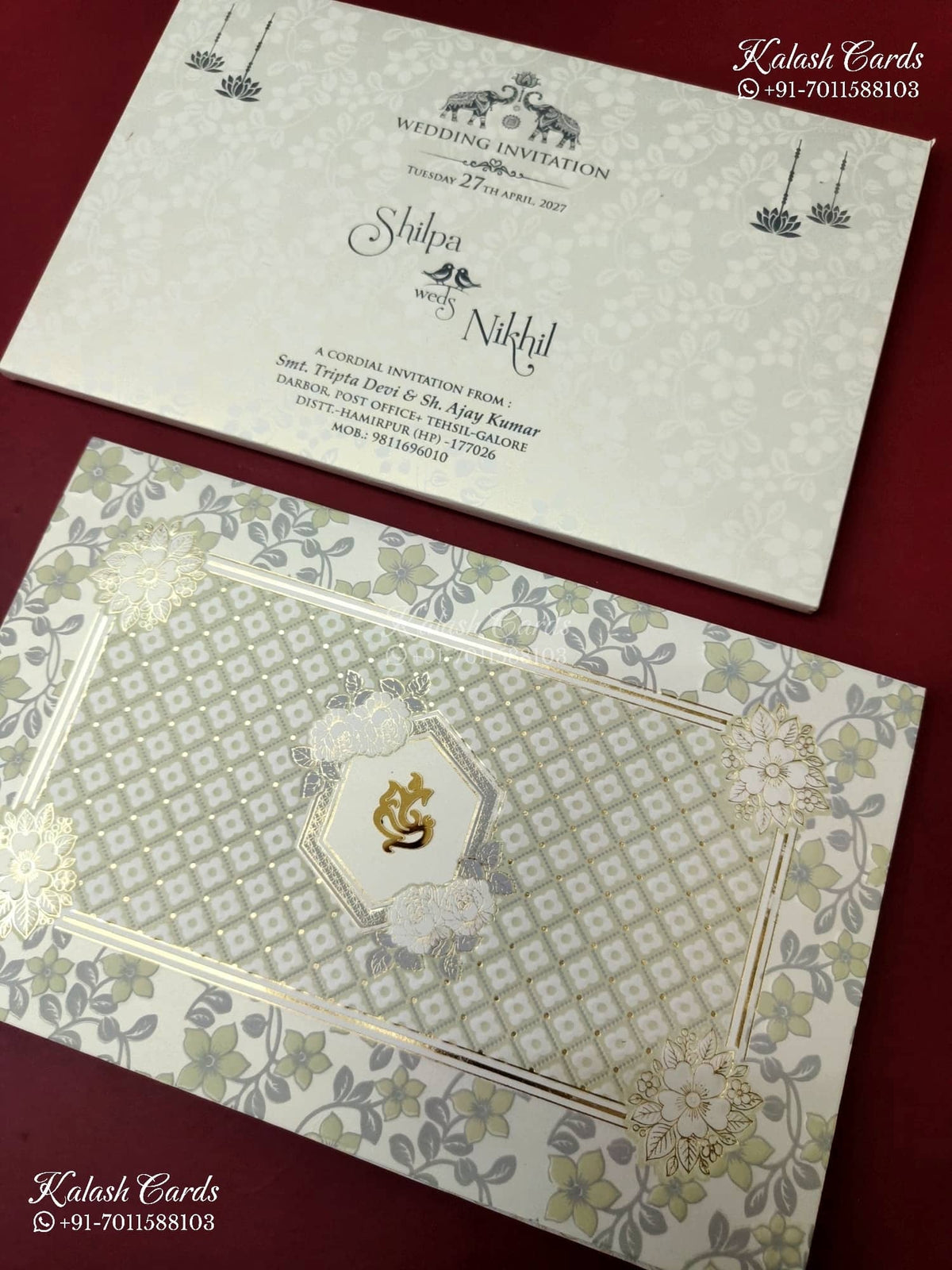 KLB-1172 White Grey Traditional Embossed Semi Box Wedding Card (2 Page)