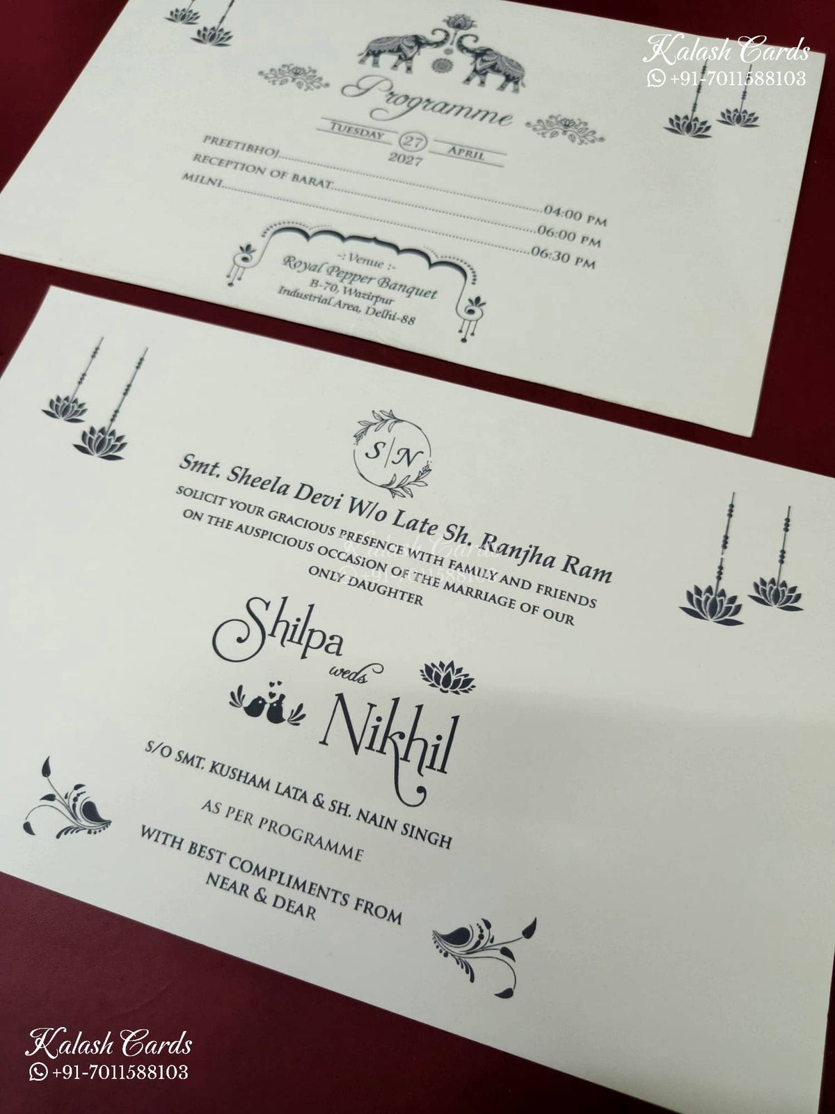 KLB-1172 White Grey Traditional Embossed Semi Box Wedding Card (2 Page)