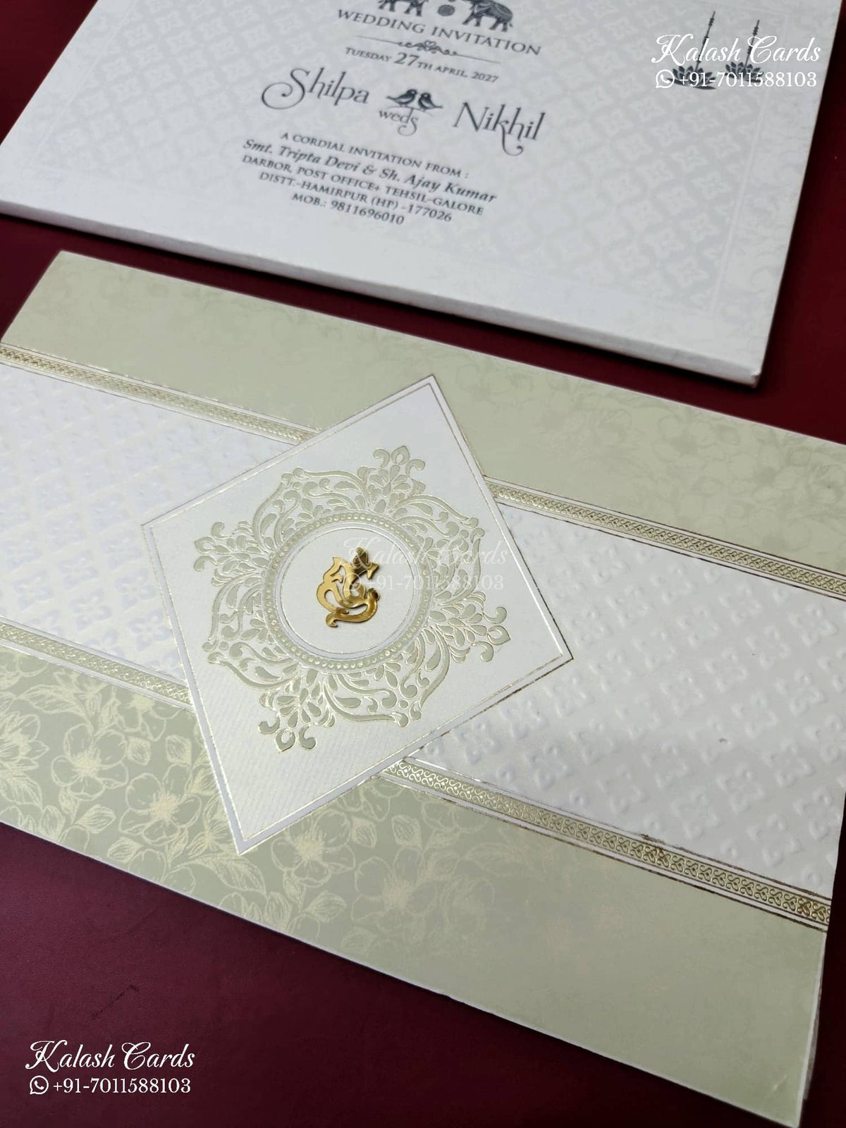 KLB-1173 White Green Traditional Embossed Semi Box Wedding Card (2 Page)