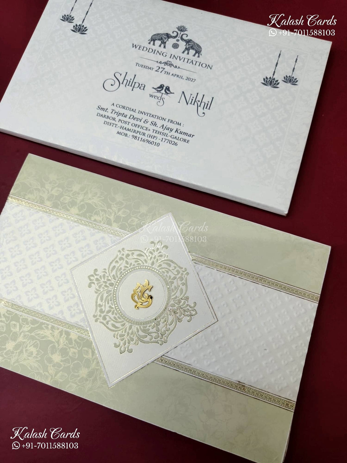 KLB-1173 White Green Traditional Embossed Semi Box Wedding Card (2 Page)