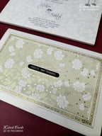 KLB-1174 White Green Floral Embossed Semi Box Wedding Card (2 Page & Couple Name Wooden Plate)