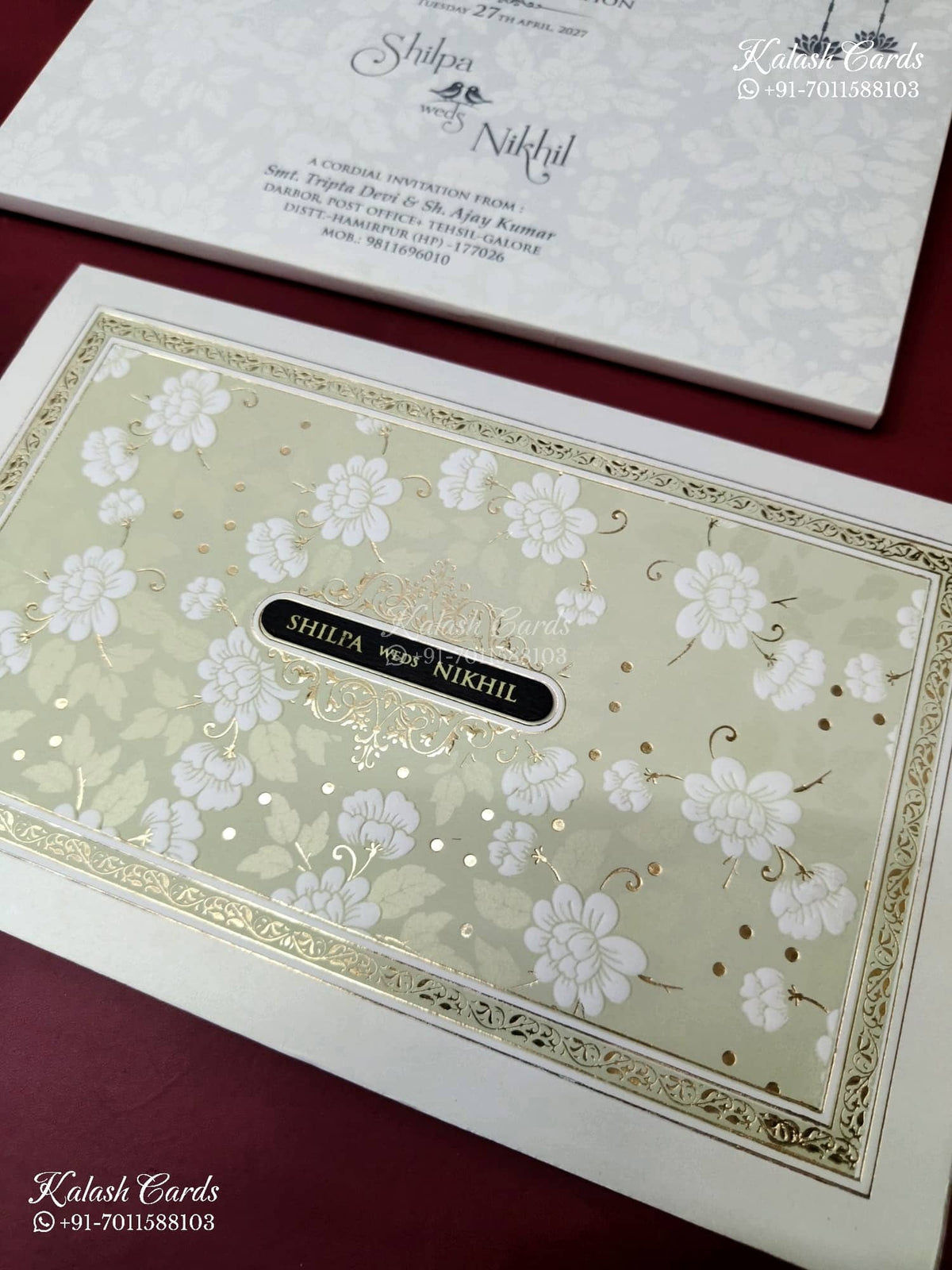 KLB-1174 White Green Floral Embossed Semi Box Wedding Card (2 Page & Couple Name Wooden Plate)