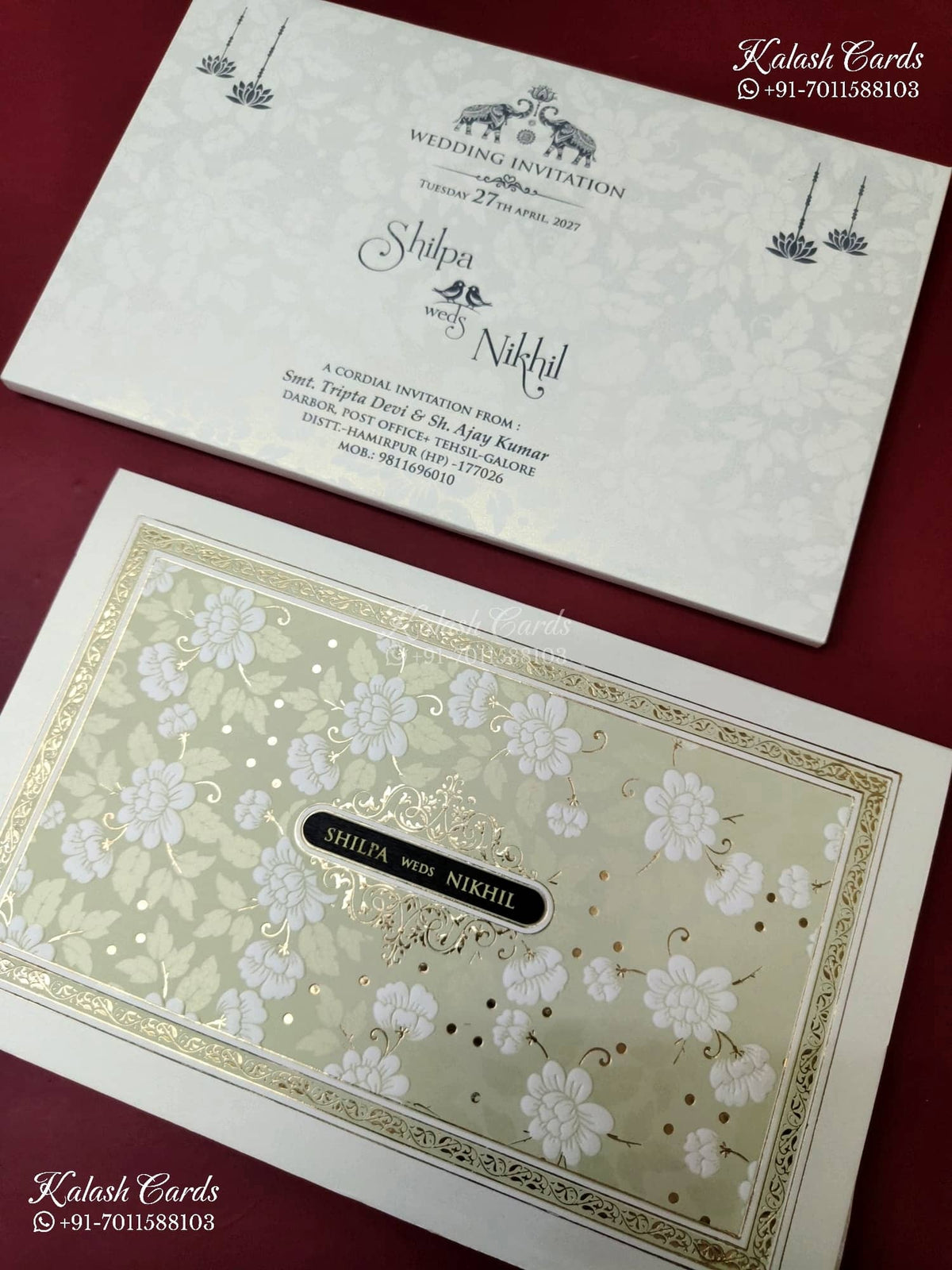 KLB-1174 White Green Floral Embossed Semi Box Wedding Card (2 Page & Couple Name Wooden Plate)
