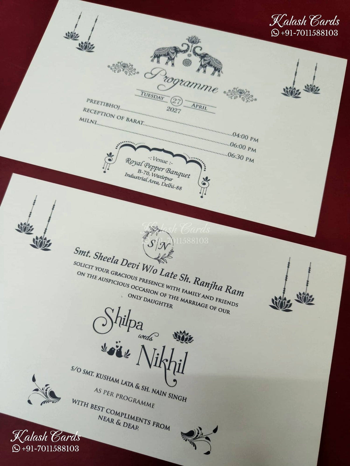 KLB-1174 White Green Floral Embossed Semi Box Wedding Card (2 Page & Couple Name Wooden Plate)