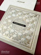 KLB-1175 White Creme Floral Embossed Semi Box Wedding Card (2 Page & Couple Name Wooden Plate)