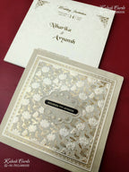 KLB-1175 White Creme Floral Embossed Semi Box Wedding Card (2 Page & Couple Name Wooden Plate)